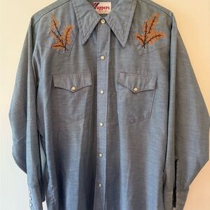 Wrapper Men's Casual Button Down Shirt - Blue with Orange Embroidery